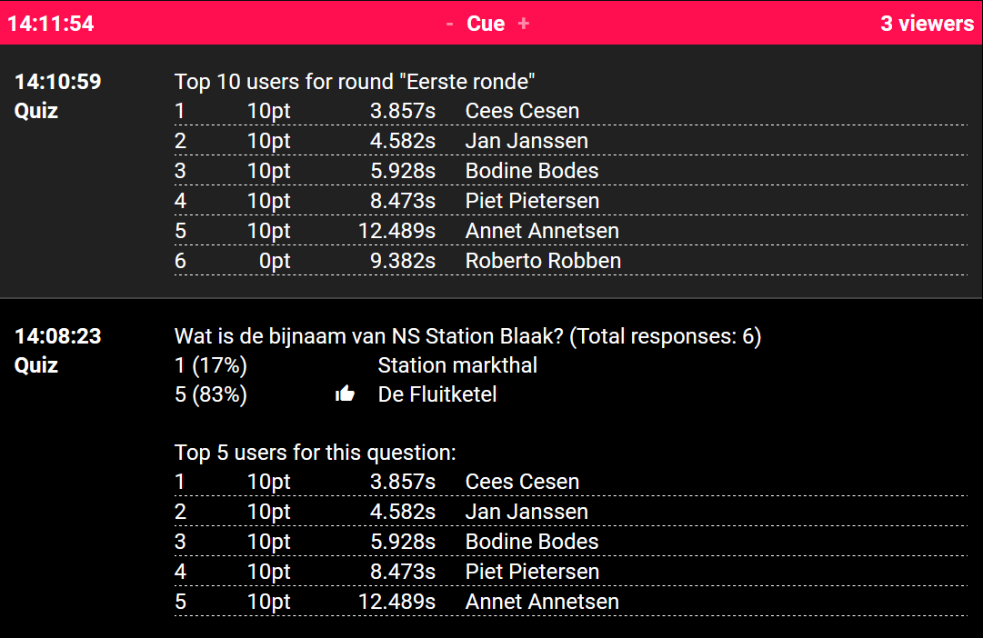 De quiz in het cuescreen van spreker of presentator